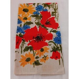 New Vintage Linen Dish Kitchen Towel Mod Red Yellow Flowers Unused Floral
